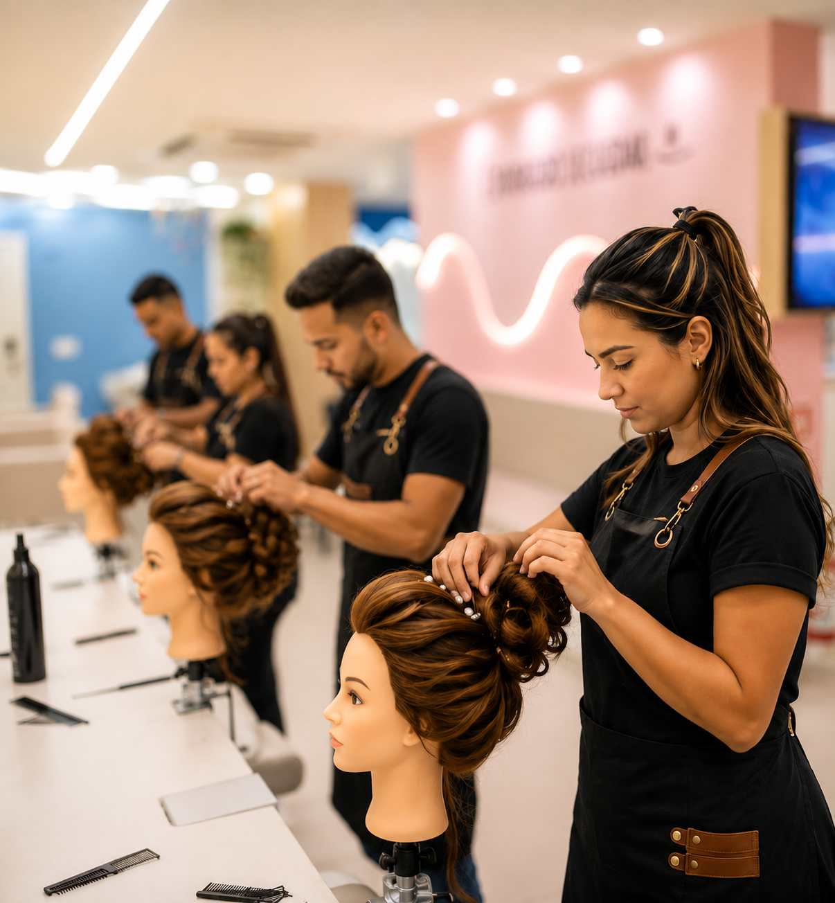 Aluna praticando técnica de penteado durante aula da Tio Ge Hair Class