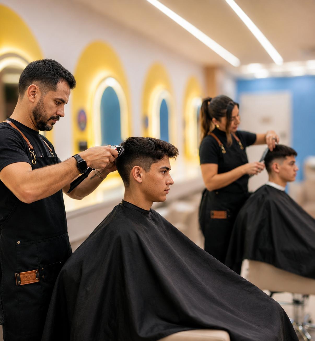 Professor da Tio Ge Hair Class finalizando um corte infantil no salão
